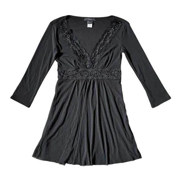 Express Womens Lace Trim Y2K Babydoll Beaded Top Black Whimsigoth 2000s - Picture 1 of 7
